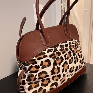 Escada Italy Brown Leather Leopard Print Calf Hair Brown Handbag Tote